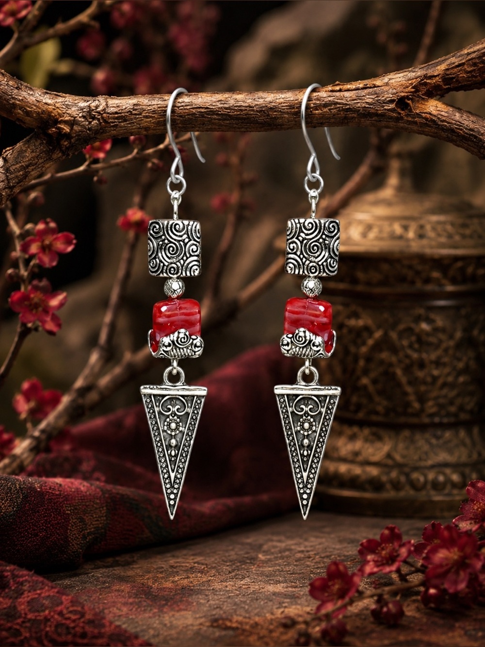 Boho Red Silver Dangle Earrings
